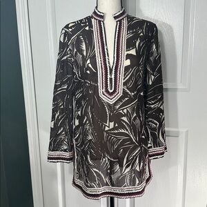 Tory Burch Beach Tunic Brown Palm Fronds Tropical Flamingo Size 6 Sequins